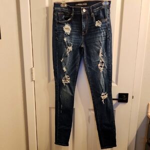 Express Women's Ripped Skinny Jeans in Dark Blue